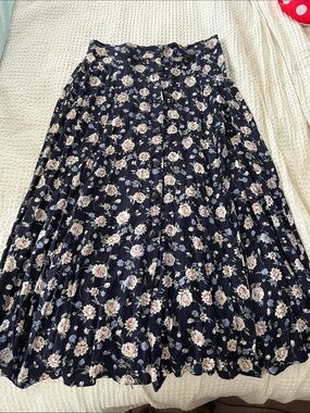 Vintage Navy Blue Floral Midi Skirt